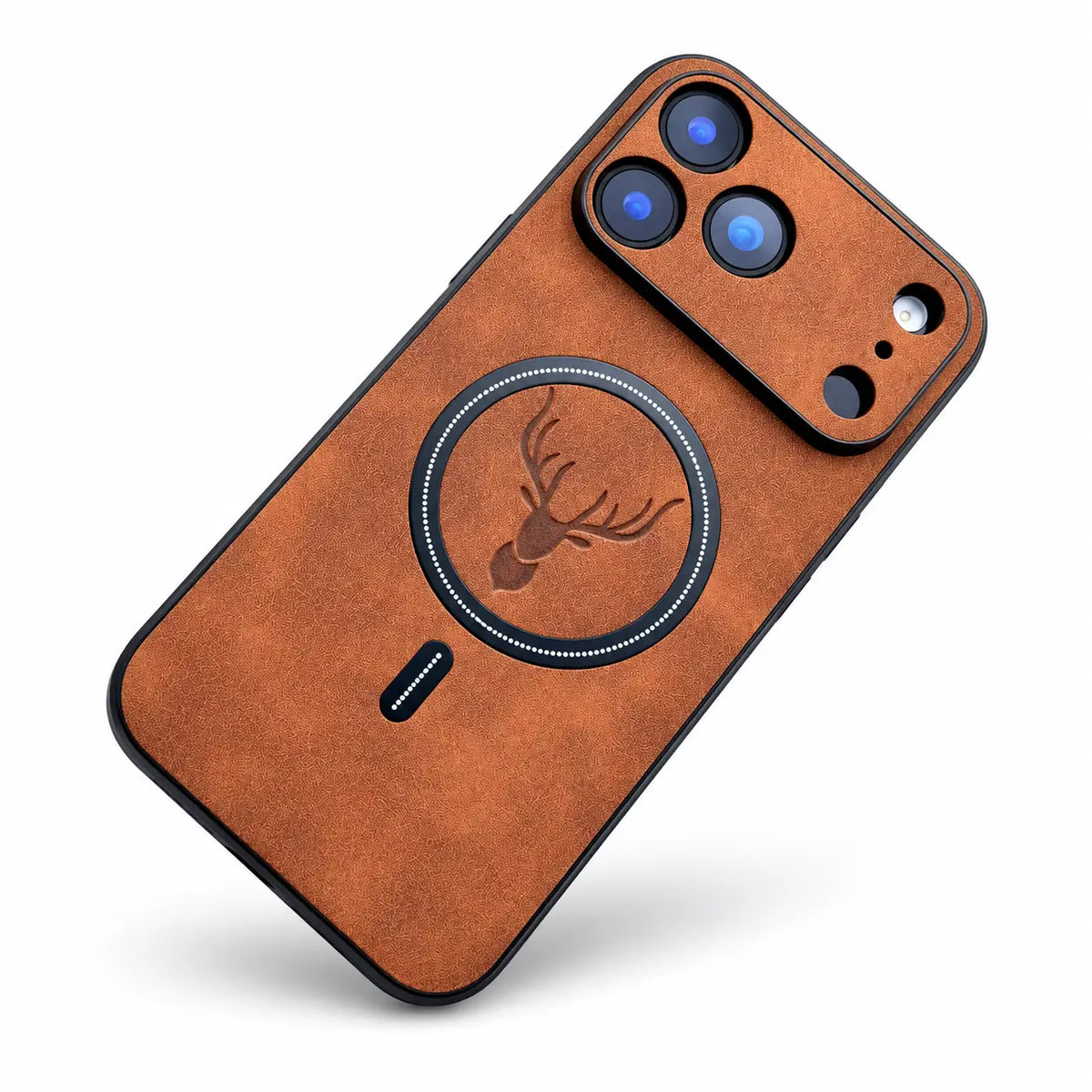A brown faux-leather phone case with a black protective bumper, featuring a circular MagSafe-compatible ring with an engraved deer head logo, shown on a white background. Main image