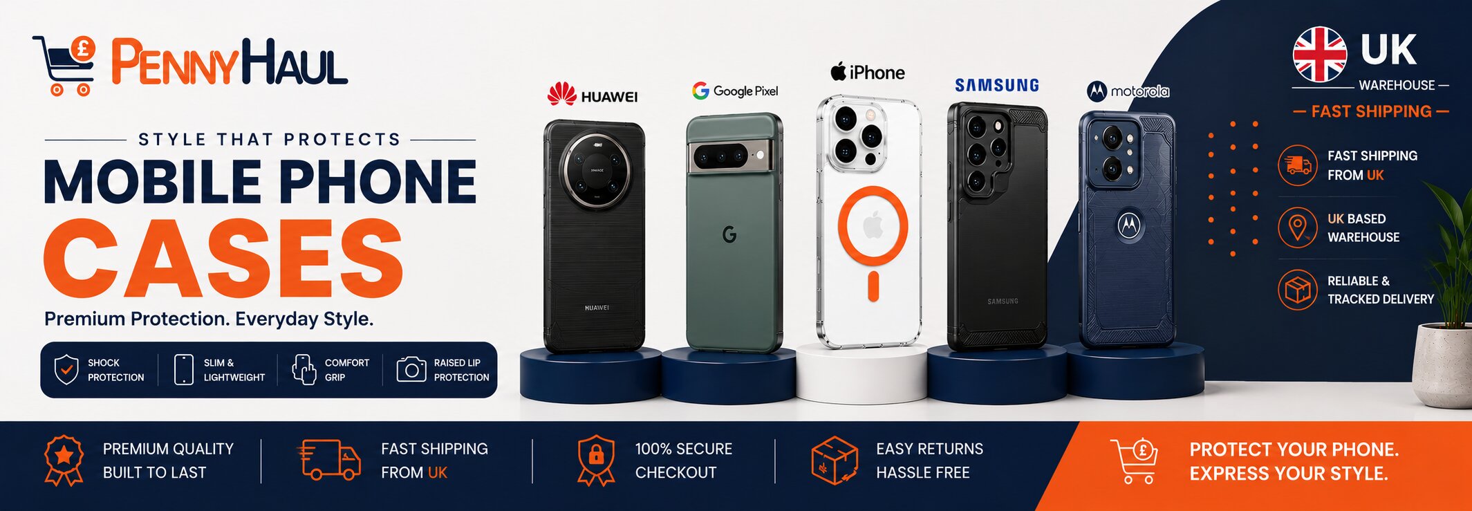 Premium Shopify collection banner for PennyHaul Mobile Phone Cases. Designed for the UK market featuring Huawei, Google Pixel, iPhone, Samsung and Motorola phone cases with fast UK shipping, premium protection and modern style.