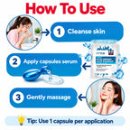 Instructional graphic titled 'How To Use' showing a three-step skincare routine: cleanse skin, apply capsules serum, and gently massage. Includes circular photos of a woman at each step, a blue dropper bottle, a sachet labeled YYTCM Hyaluronic Acid Essence, and a tip to use 1 capsule per application.