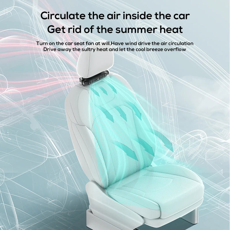 Portable PennyHaul car seat cooling fan with USB backrest air cooler, showing compact design and adjustable fan blades.