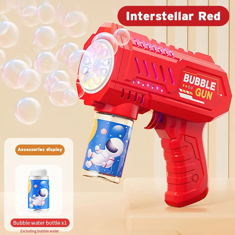 red bubble gun for kids displayed on white background highlighting durable plastic bubble toy