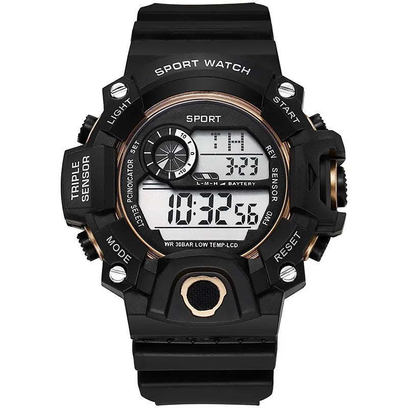military watches for men displaying chronograph and alarm settings on digital screen