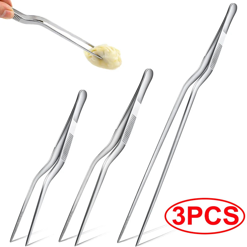 Kitchen Tweezers Stainless Steel – BBQ Food Clip & Cooking Tongs (1/3Pcs)