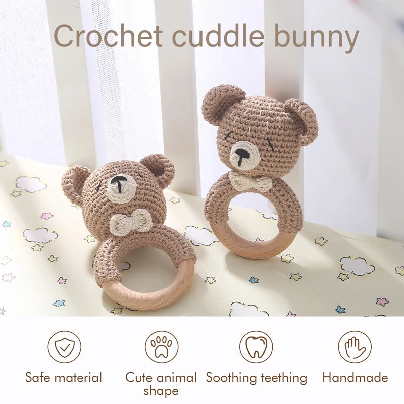 Crochet Bunny Baby Rattle Wooden Teether Toy