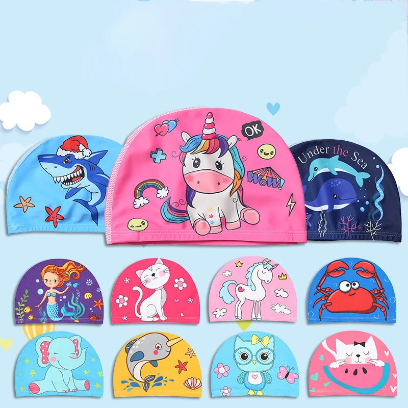 Kids Cartoon Swimming Cap Elastic Fabric Swim Hat