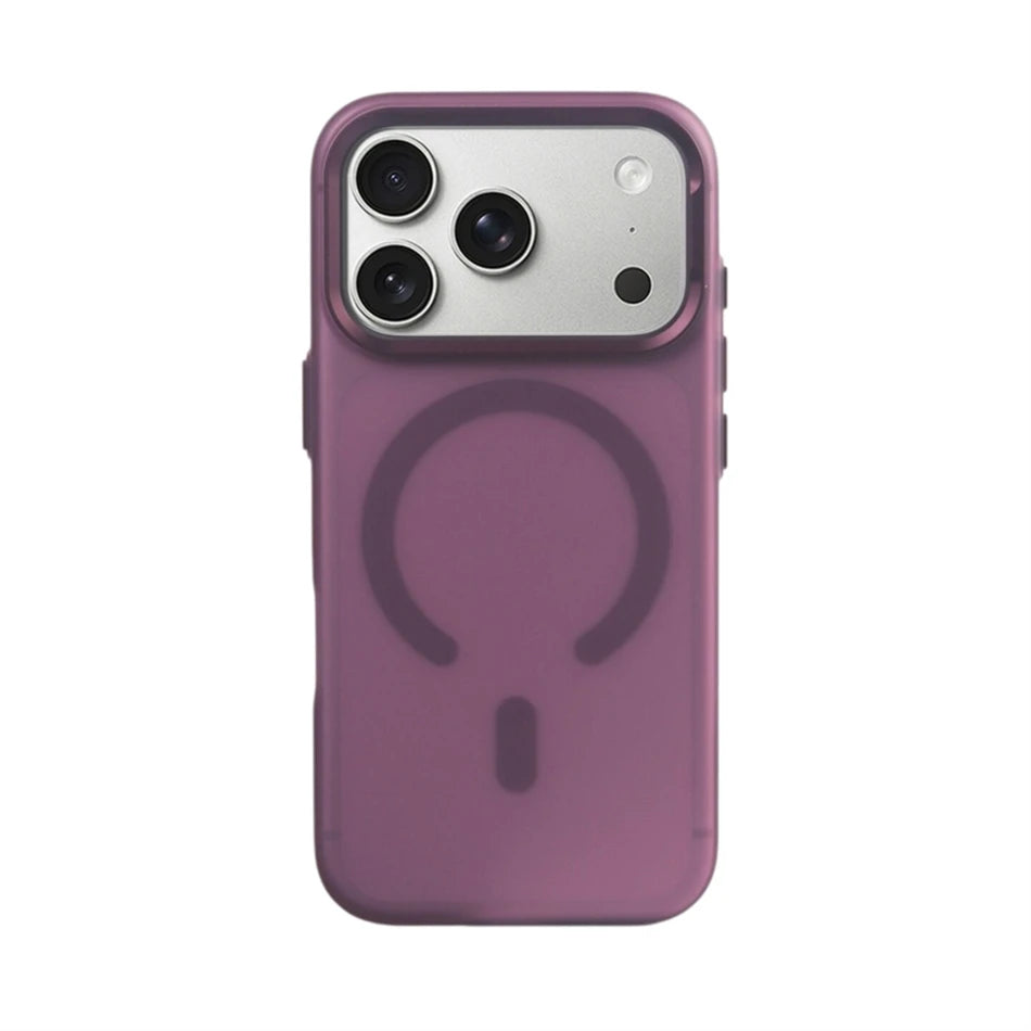 A translucent purple phone case with a dark purple MagSafe ring on the back, shown on a silver smartphone against a plain white background. Main image