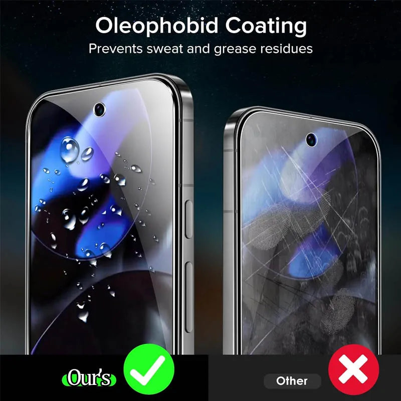 Smartphone with oleophobic coating showing water and grease residues on screen