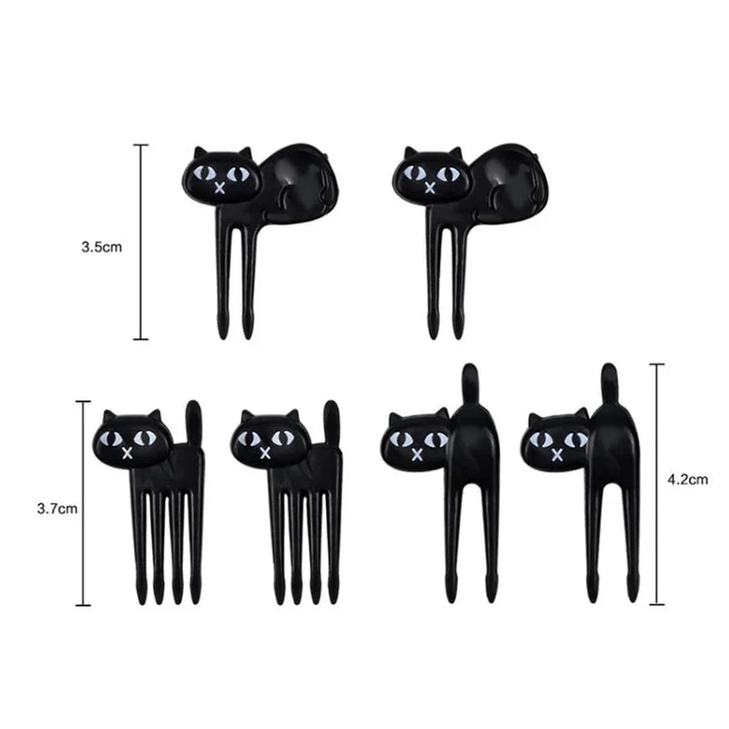 6PCS Black Cat Fruit Fork Set Cute Kids Bento Snack Forks