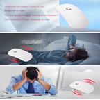 White pillow with massage function shown in various scenarios including a person lying down, a person at work, and a person with stress.