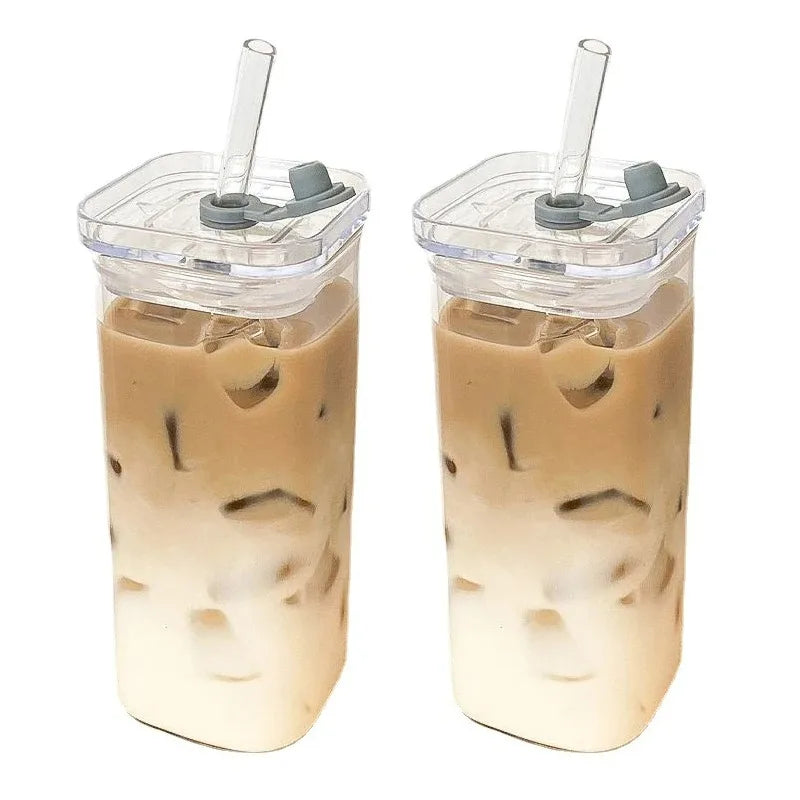 Square Glass Coffee Cup with Straw Heat Resistant Mug with Lid