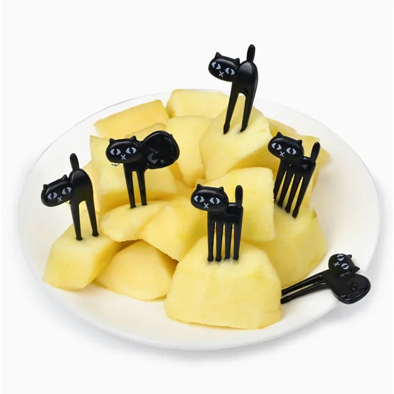 6PCS Black Cat Fruit Fork Set Cute Kids Bento Snack Forks