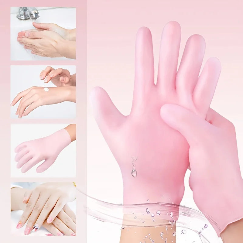 2-pack reusable silicone moisturizing gloves worn on hands showing pink color and fit