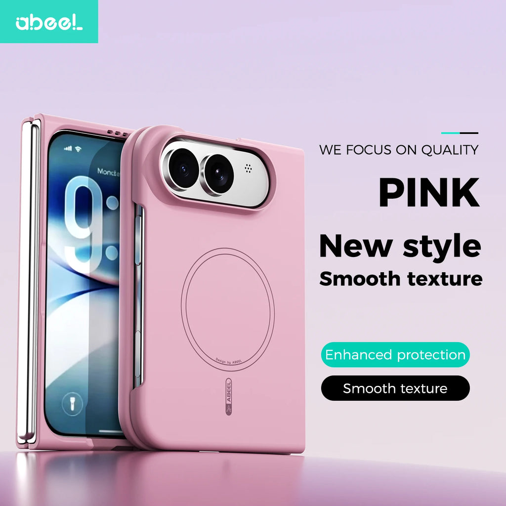 Pink protective phone case with a smooth textured finish and a circular MagSafe-compatible ring, shown on a smartphone. The image features promotional text on a light purple gradient background.