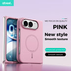 Pink protective phone case with a smooth textured finish and a circular MagSafe-compatible ring, shown on a smartphone. The image features promotional text on a light purple gradient background.