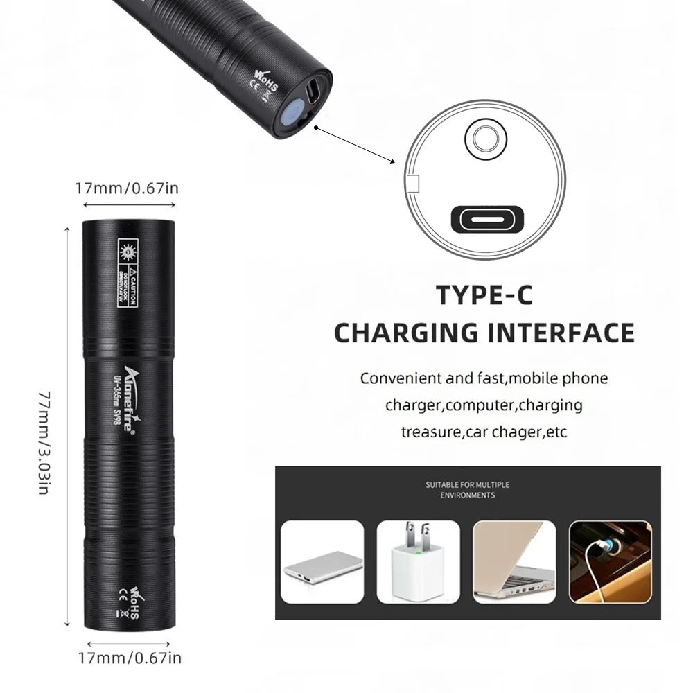 365nm UV Flashlight USB Rechargeable Detection Torch