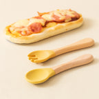 2PCS Baby Learning Spoon & Fork Set Wooden Handle Silicone Cutlery