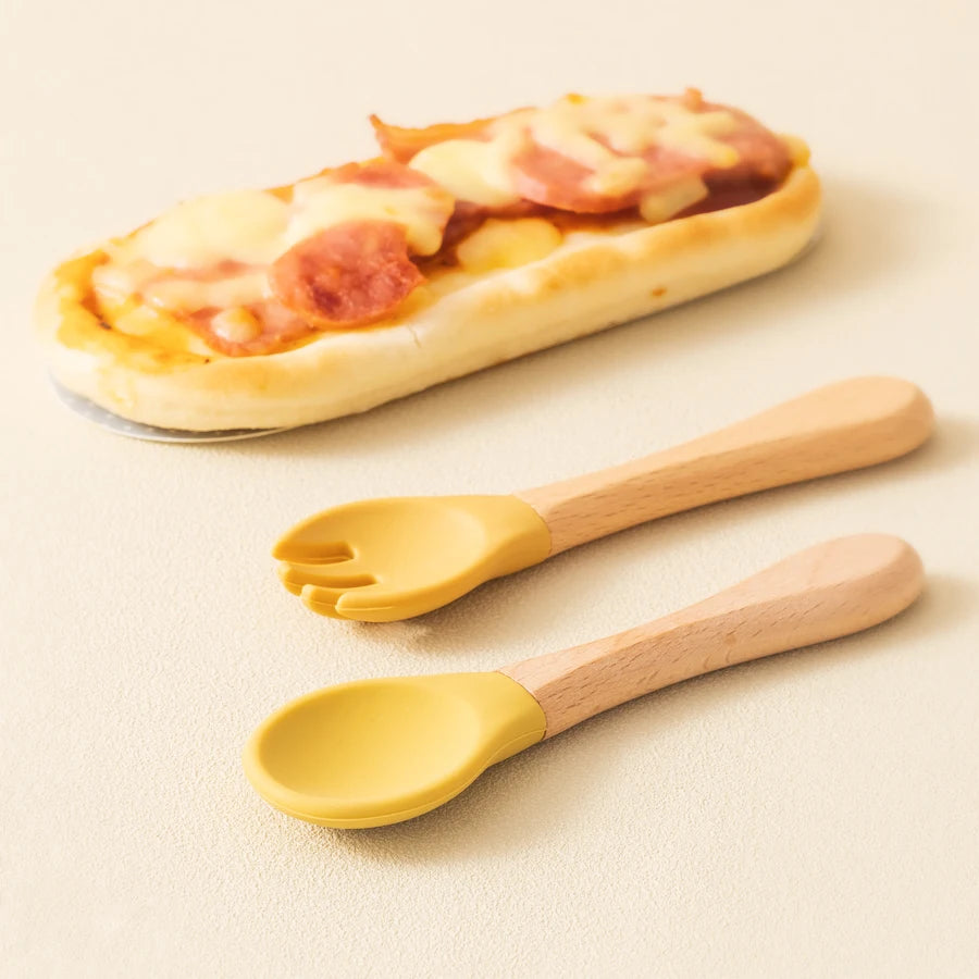 2PCS Baby Learning Spoon & Fork Set Wooden Handle Silicone Cutlery