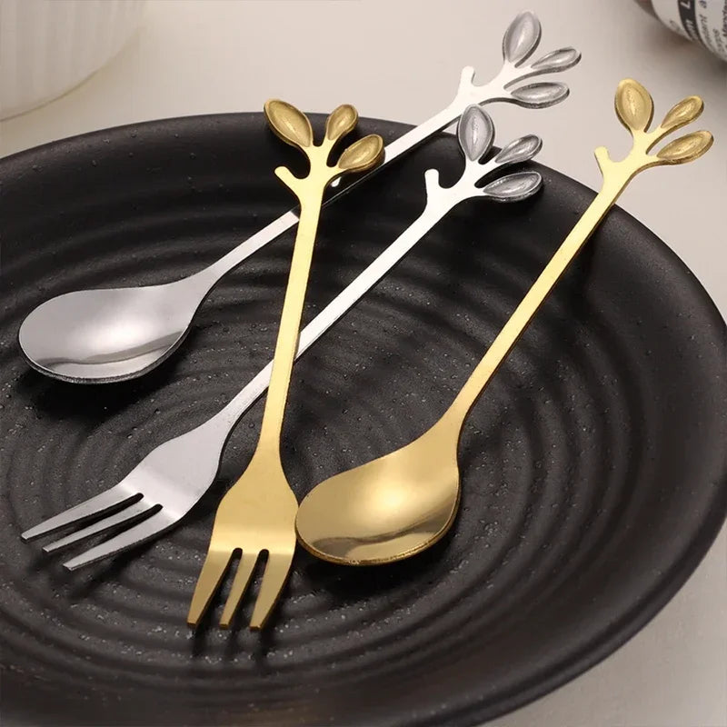 Leaf Coffee Spoon Set Stainless Steel – Gold & Silver Dessert Stirring Spoons