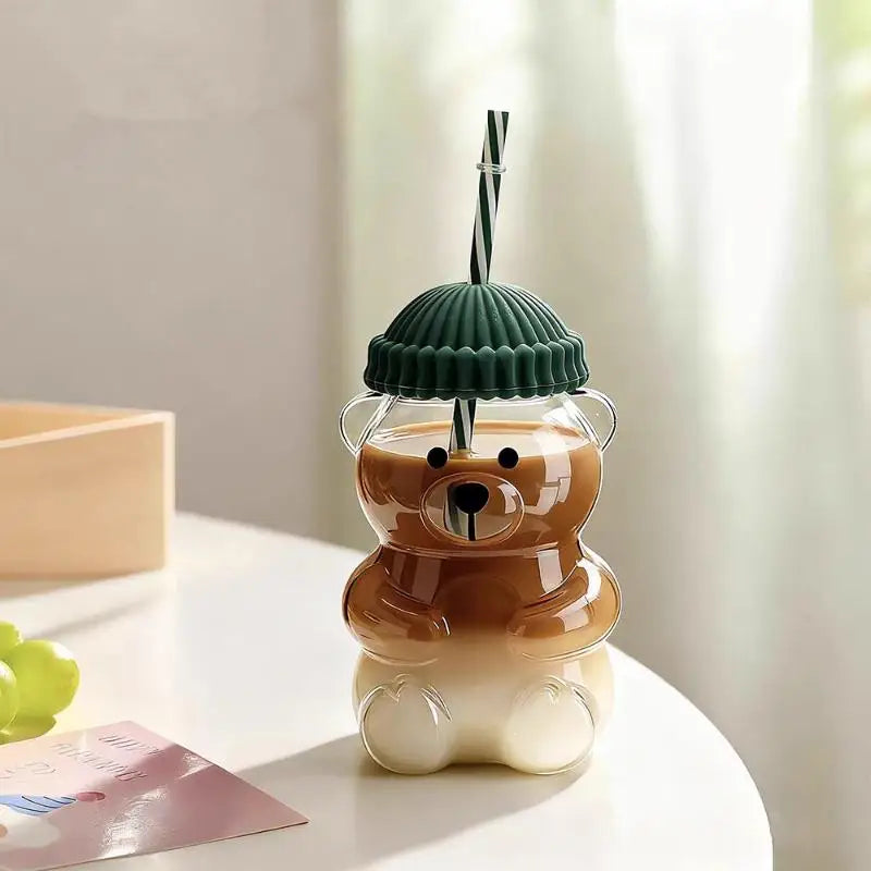 550ml Cartoon Bear Cup with Straw Cute Transparent Coffee & Water Mug