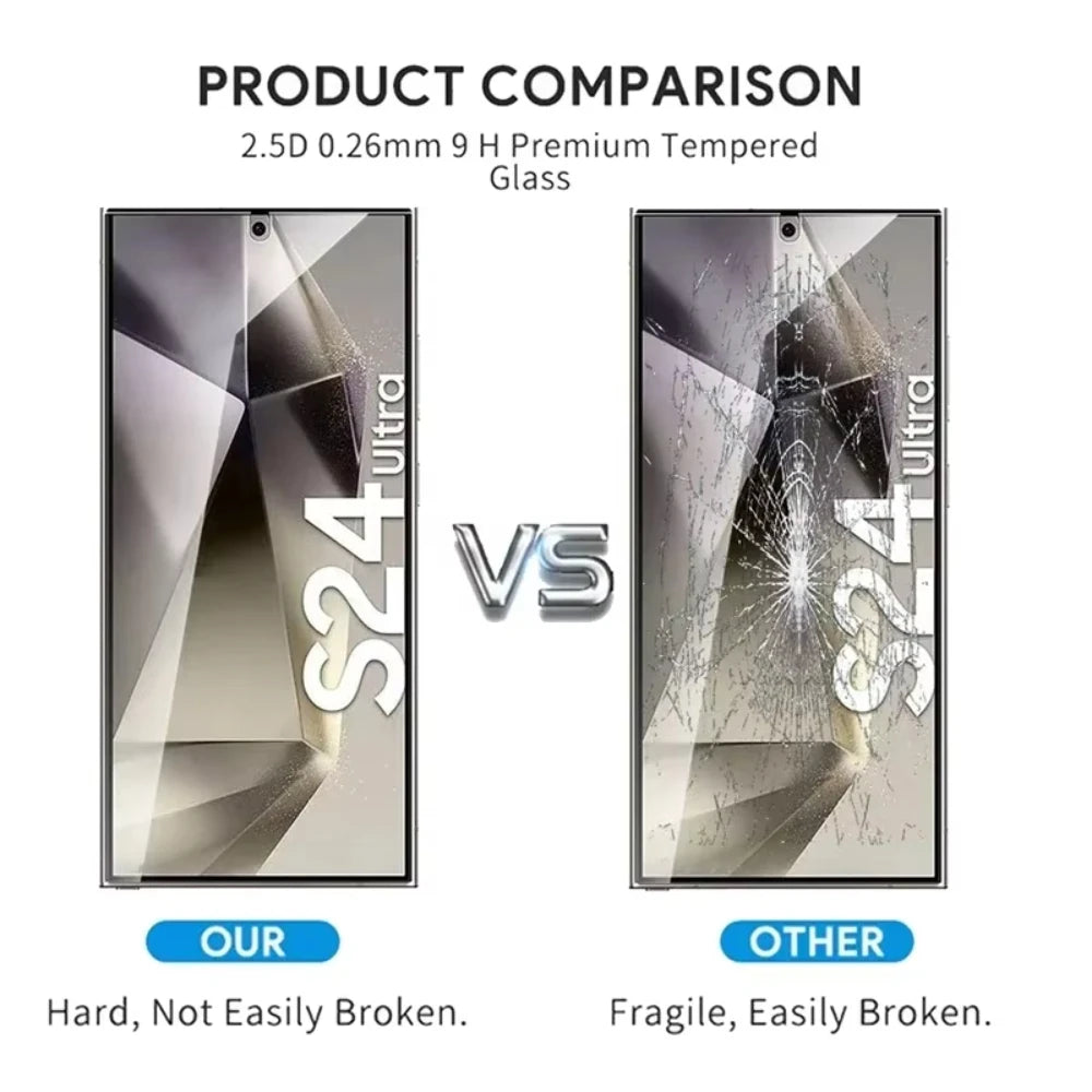 Product comparison of tempered glass with 'Our' being hard and 'Other' being fragile.