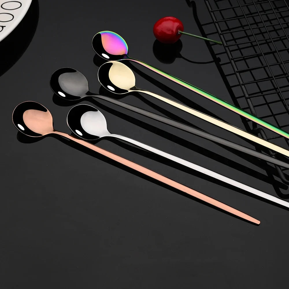 6Pcs Gold Ice Spoon Set – Long Handle Stainless Steel Coffee & Tea Stir Spoons