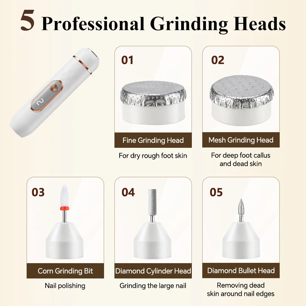 2-in-1 Electric Nail Foot File Callus Remover Replaceable Heads Tool