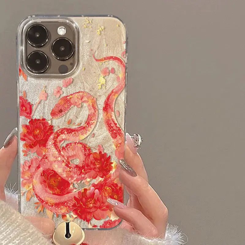 Cute Pink Floral Snake Case for iPhone 16 15 14 13 12 11 Pro Max Cover