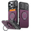 A protective phone case shown from multiple angles on a white background. The case has a dark purple and black design with a built-in circular ring holder, a card slot, and a camera cutout.