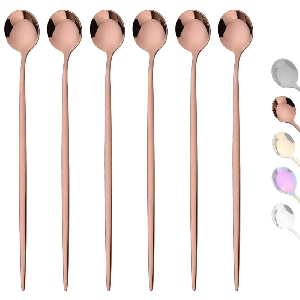 6Pcs Gold Ice Spoon Set – Long Handle Stainless Steel Coffee & Tea Stir Spoons