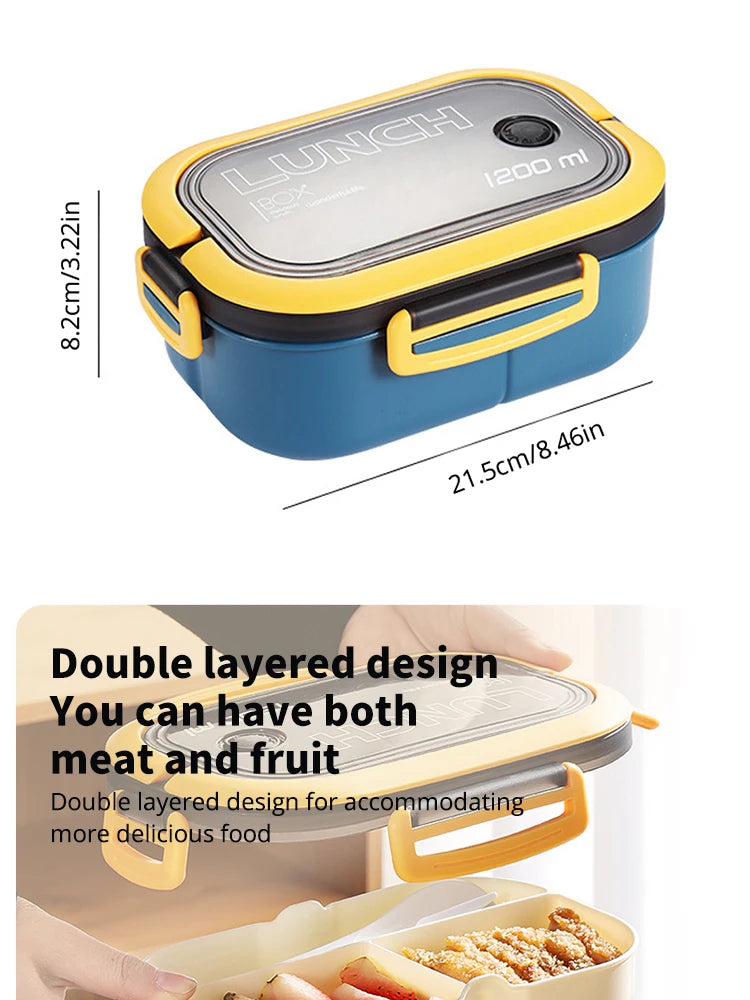 Portable Double Layer Lunch Box Microwave Safe Bento Food Container with Cutlery