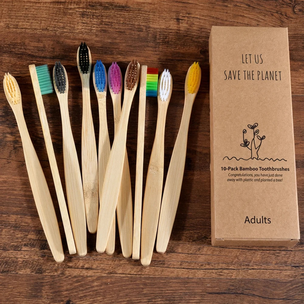 10PCS Bamboo Toothbrush Set Soft Charcoal Bristle Eco Dental Care