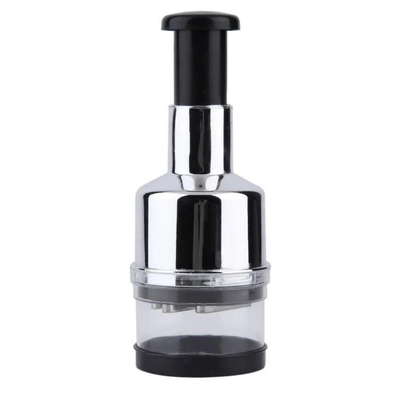 stainless steel manual chopper with vertical press handle for fast onion and garlic prep