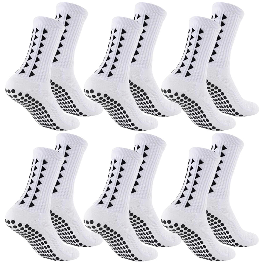 A full set of 6 pairs white football grip socks featuring towel bottom and anti slip design