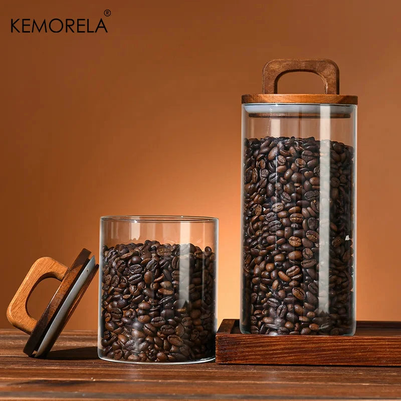 Glass Storage Jar with Wooden Lid Airtight Kitchen Food Container