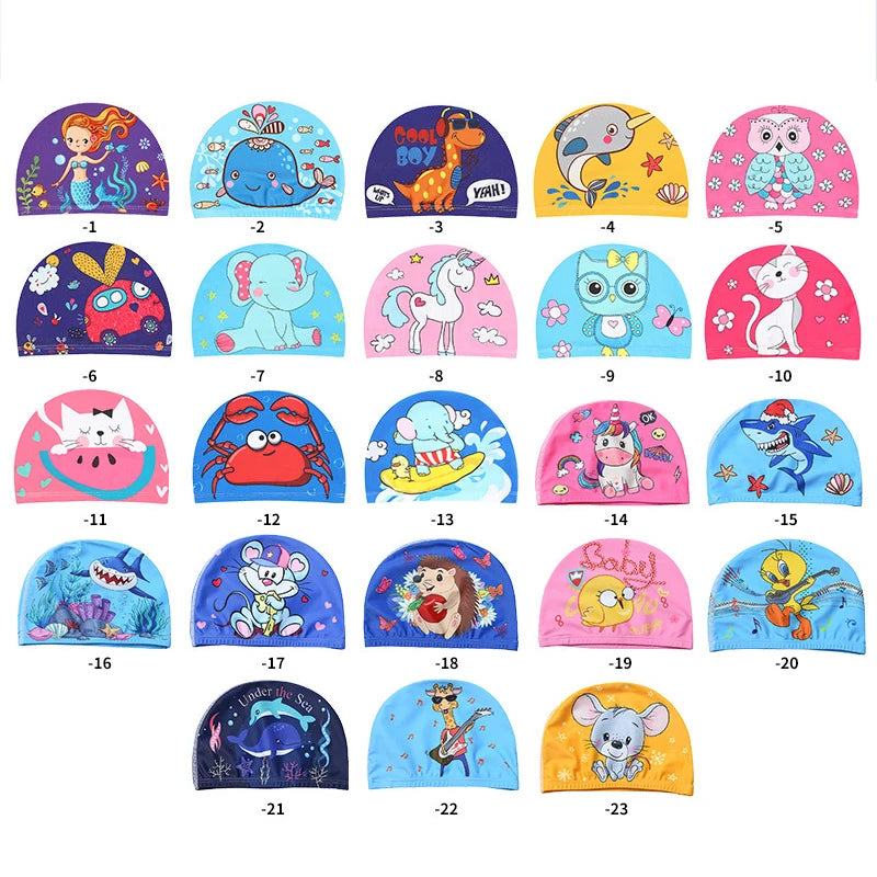 Kids Cartoon Swimming Cap Elastic Fabric Swim Hat