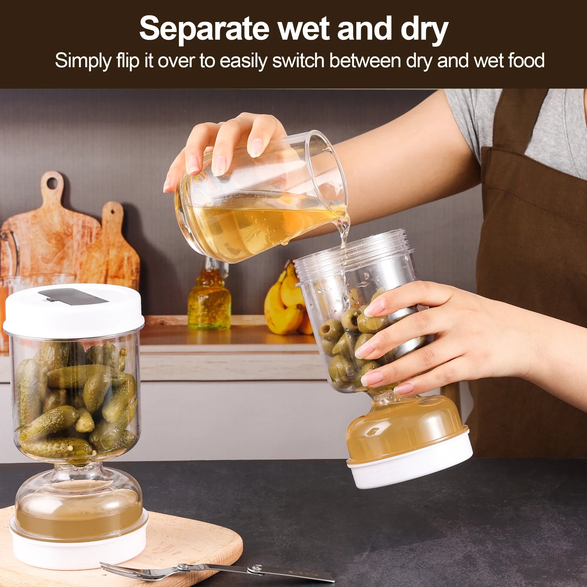 Olive & Pickle Strainer Jar Airtight Flip Food Storage Container