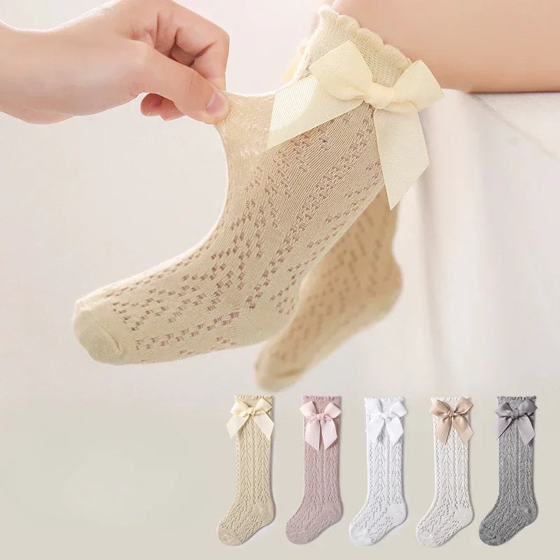 Baby Girl Knee High Lace Socks Soft Cotton Bow Socks 0-3Y