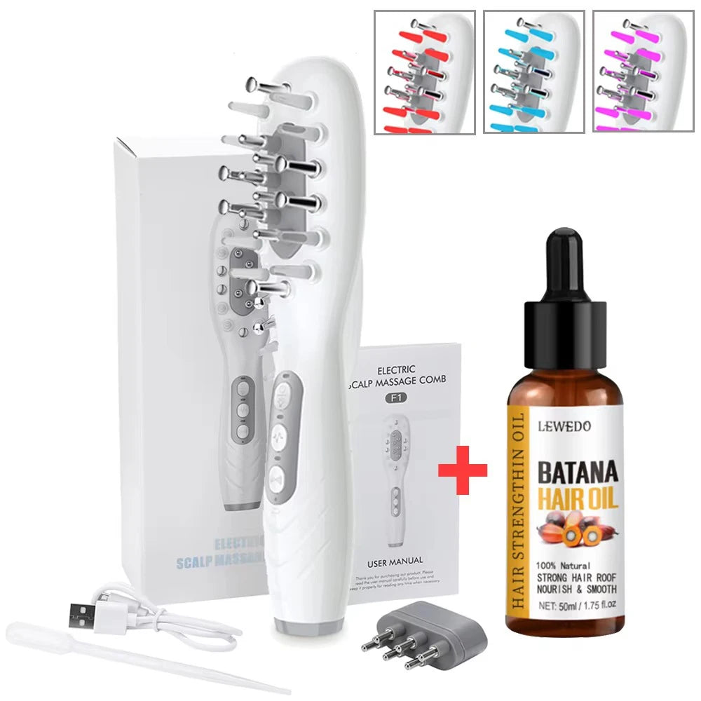 White electric scalp massage comb with multiple metal massage nodes, shown with its retail box, user manual, USB charging cable, power adapter, and a bottle of Leswdo Batana Hair Oil on a white background. Three small inset images at the top show alternative color options for the comb.