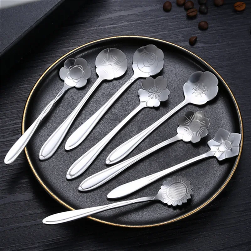 8PCS Gold Cherry Rose Stainless Steel Coffee Spoon Set