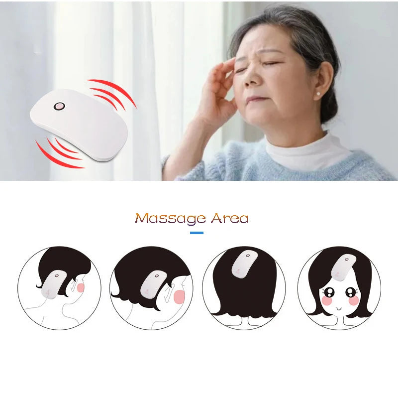 Woman using a device on her head with cartoon illustrations of massage areas below.