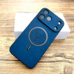 Blue phone case with a deer logo on a wooden surface