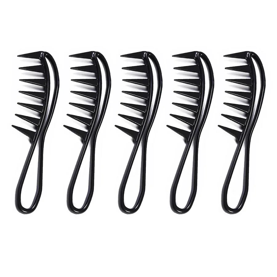 Set of five black hair combs with unique designs on a white background