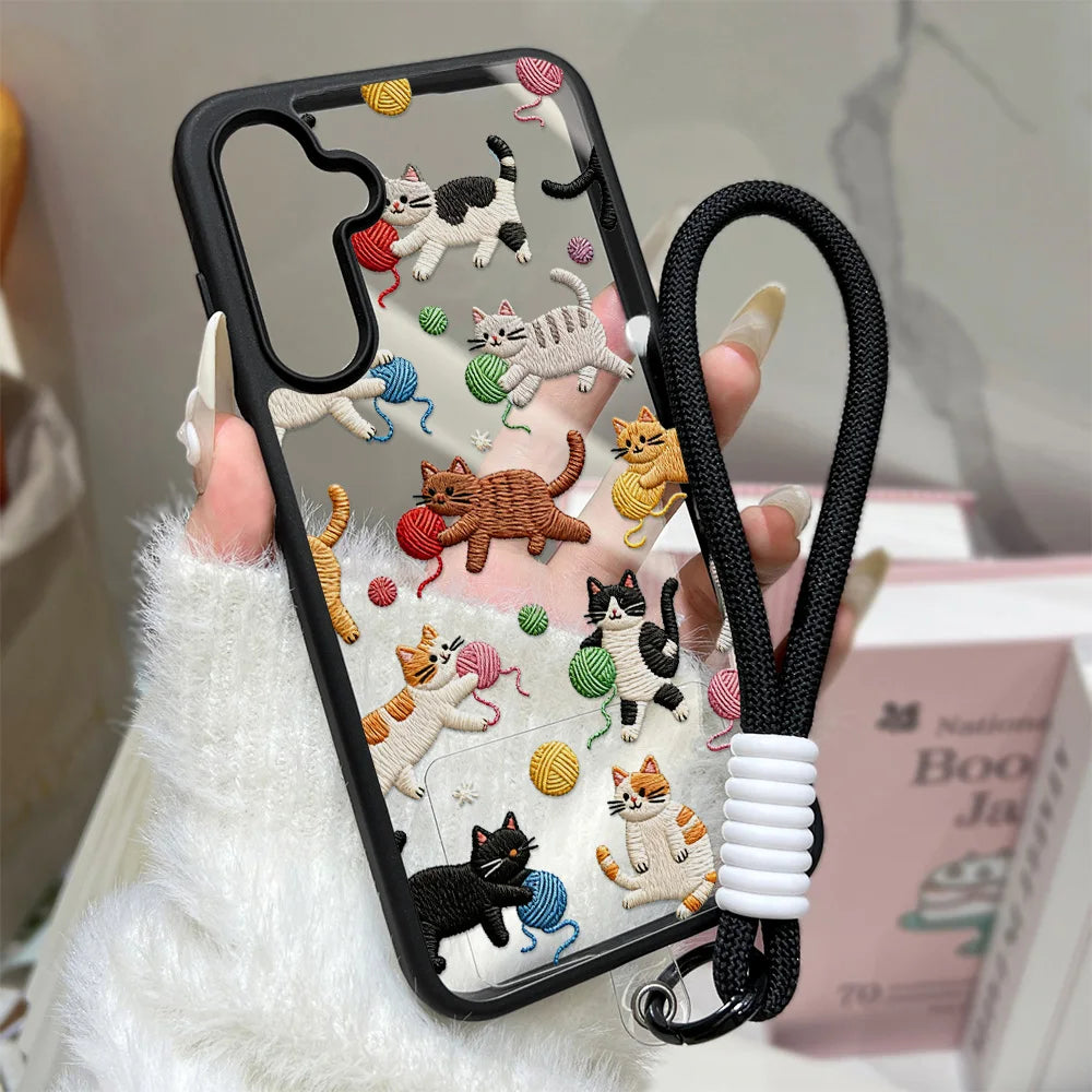 Cute Cat Wrist Strap Case For Samsung A26 A36 A56 S24 S25 S26 Ultra