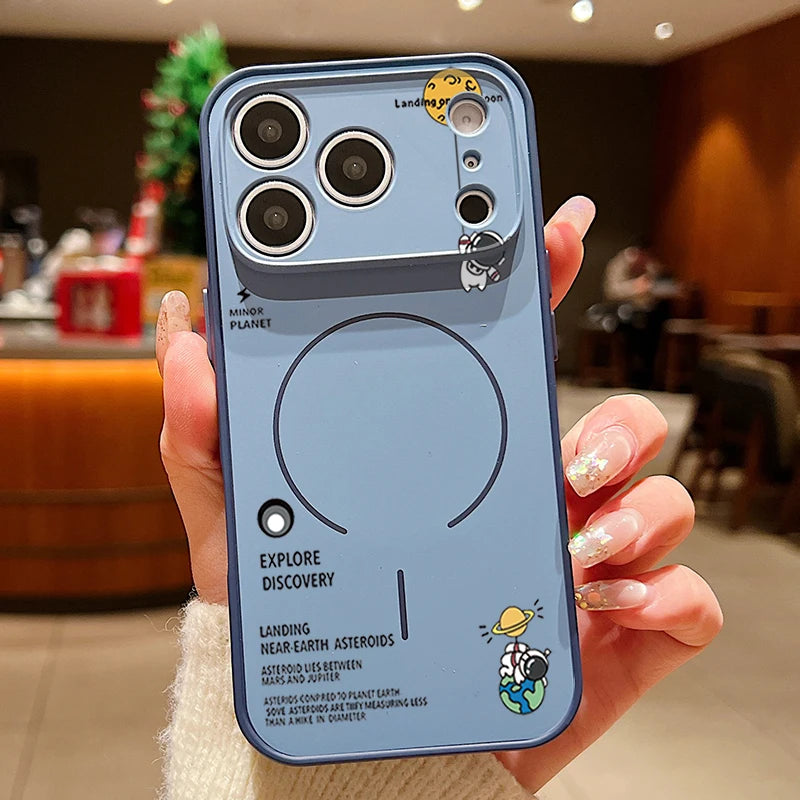 Blue phone case with space-themed design held by a person indoors.