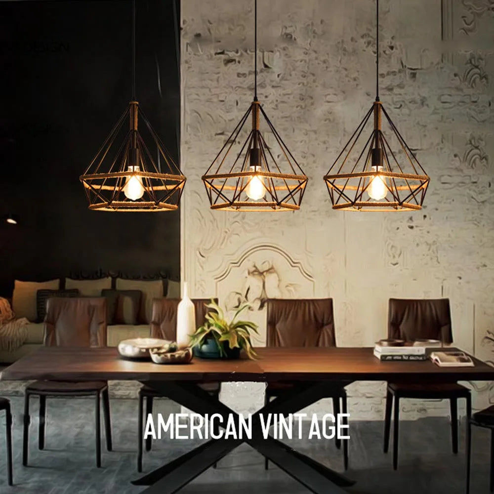 E27 Industrial Loft Pendant Light with Hemp Rope Design