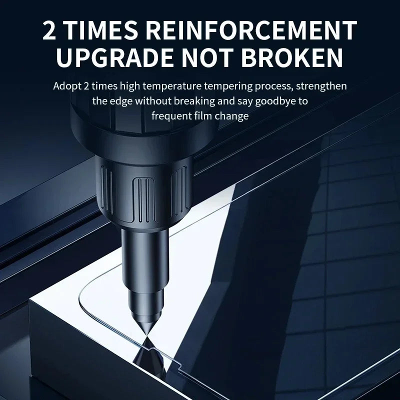 Glass cutting tool with text about reinforcement upgrade on a dark background