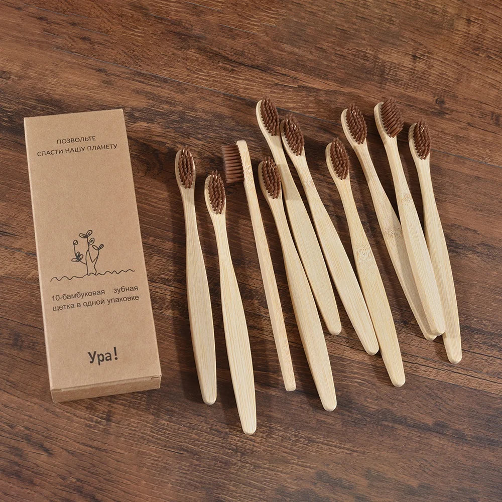 10PCS Bamboo Toothbrush Set Soft Charcoal Bristle Eco Dental Care