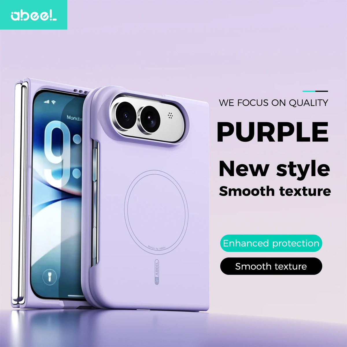 A light purple phone case shown on a smartphone, with the back view of the case featured prominently. The case has a circular MagSafe ring and a camera cutout with a metallic ring accent. Main image