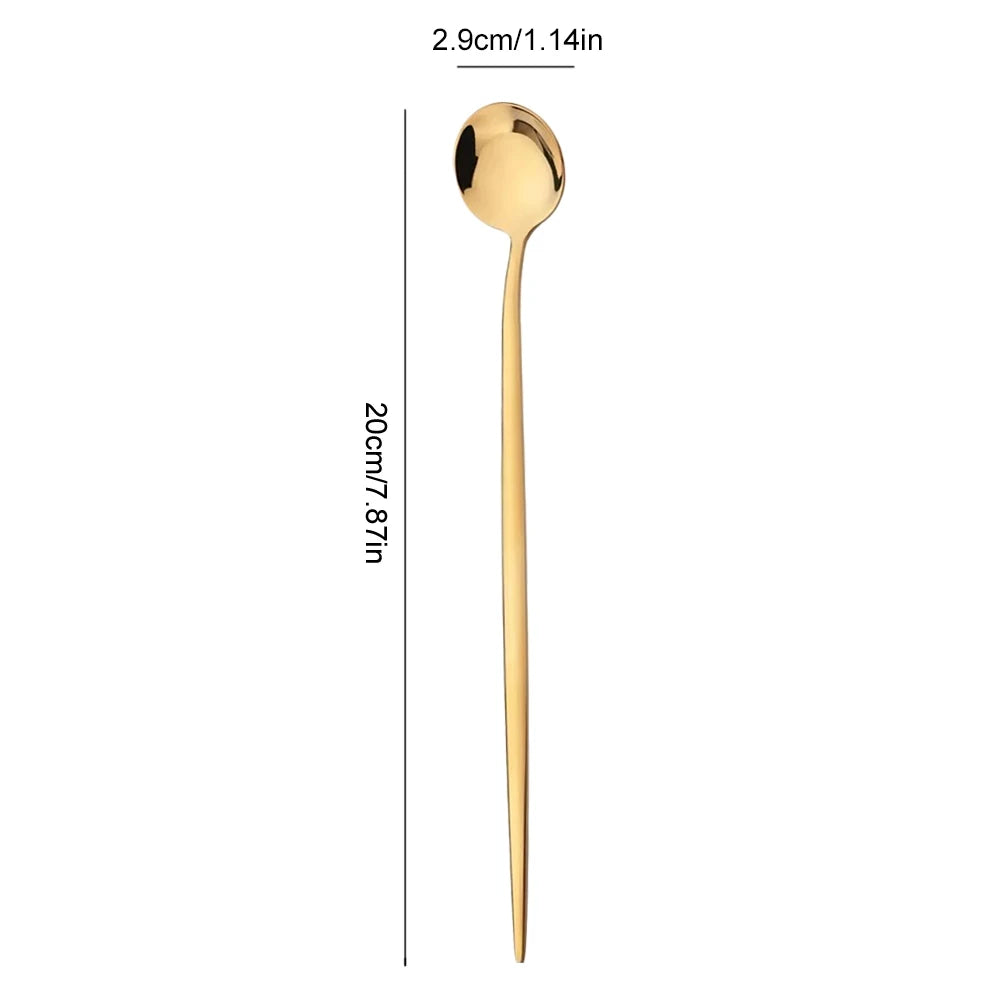 6Pcs Gold Ice Spoon Set – Long Handle Stainless Steel Coffee & Tea Stir Spoons