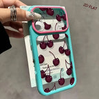 A hand holding a turquoise phone case with a pink inner bumper and a cherry print, with a second case partially visible behind it. The text '2D FLAT' appears in the top right corner.